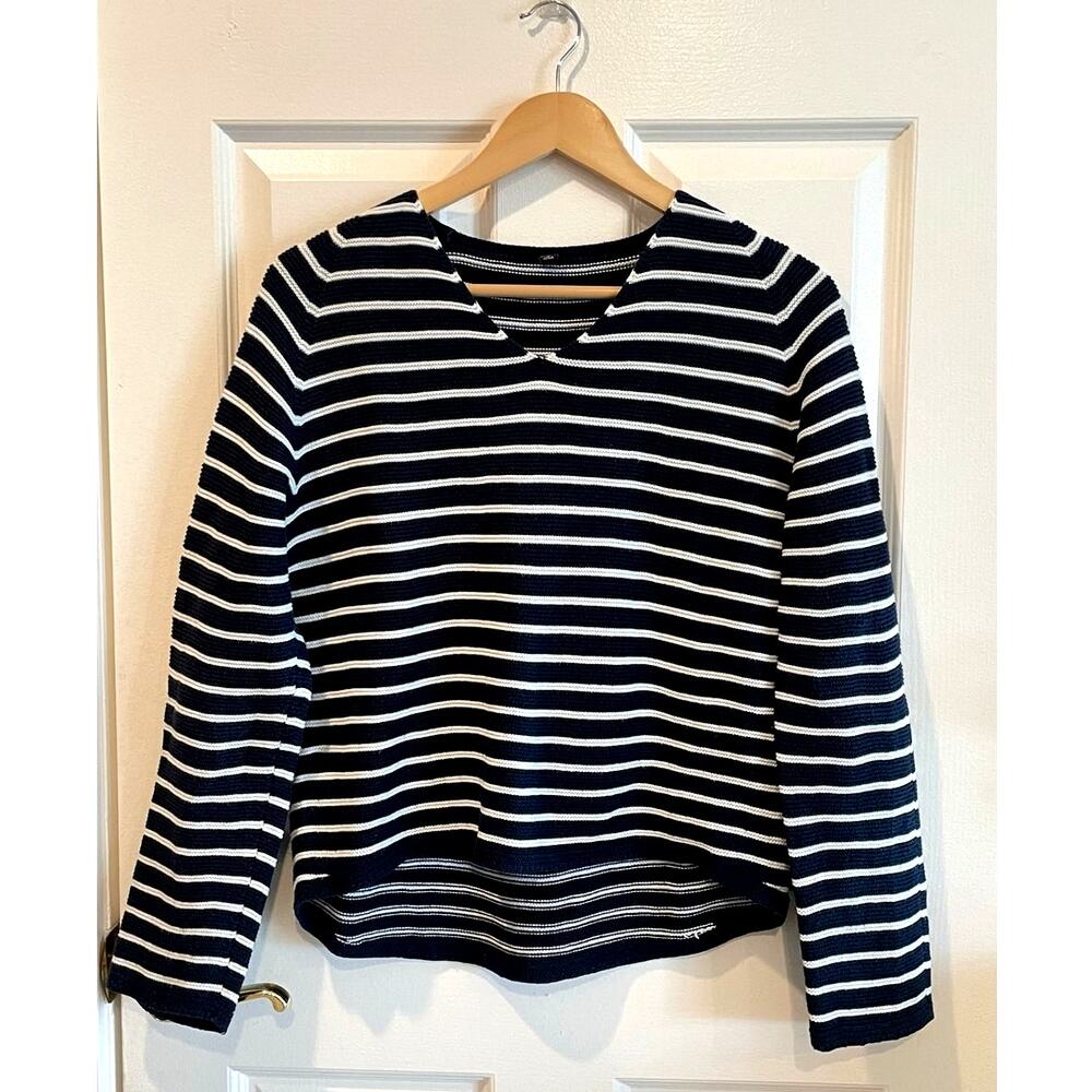 Uniqlo 3D Knit Cotton Relaxed V Neck Striped Sweater Navy & White Nautical SZ M